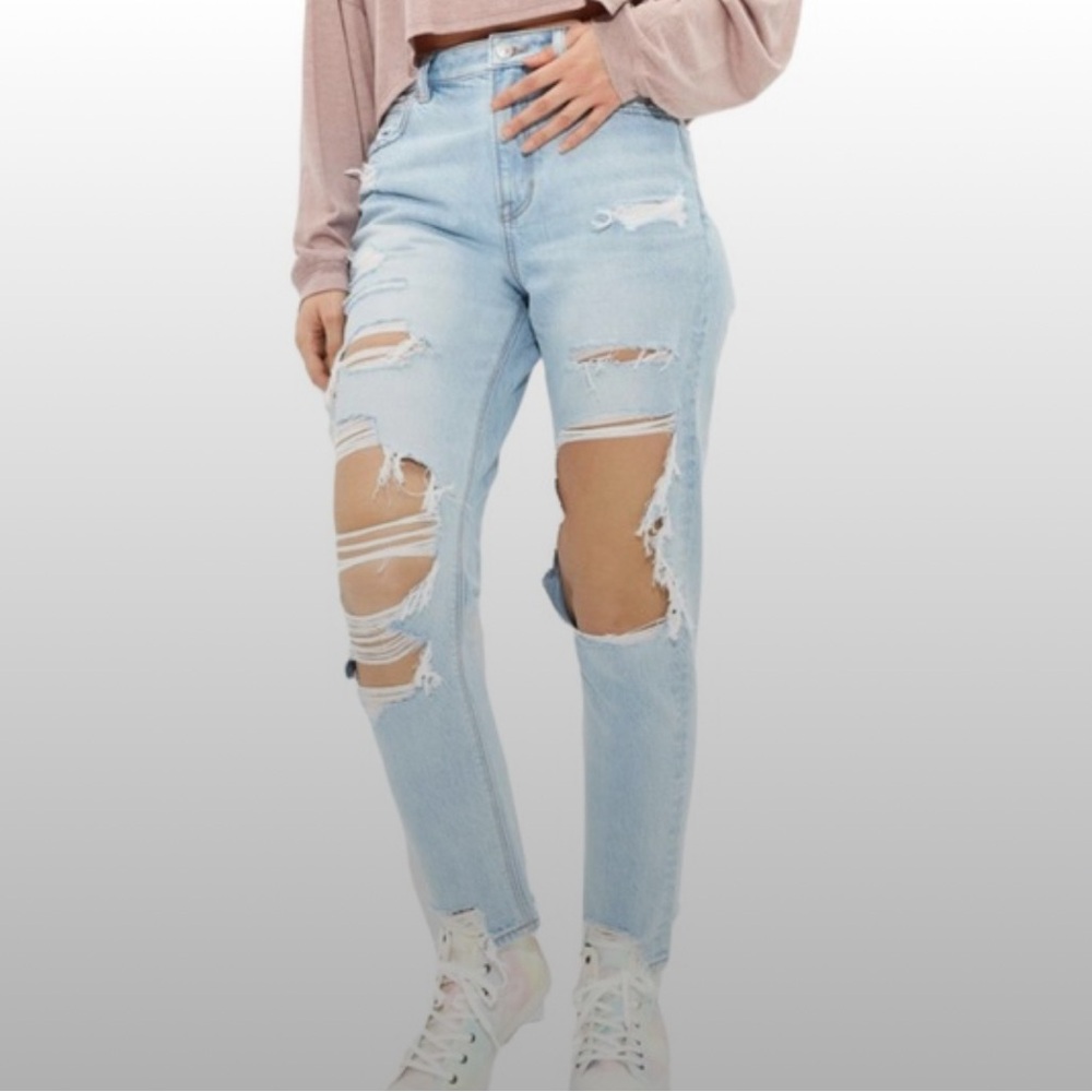 American Eagle AE Ripped Mom Jeans Blown Out Blue High Rise Size‎ 12 Raw Hem